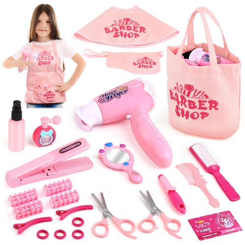 Sanlebi Hair Salon Toys for Girls, 25 Pcs Pretend Play Hair Styling Toy Set for Kids 3-6 with Hair Dryer, Barber Scissors and Stylist Accessories, Christmas & Birthday Gift for Girls