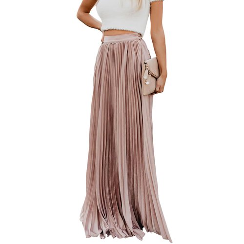 ebossy Women's High Waist Flowy Pleated Chiffon Maxi Skirt (Medium, Pink)