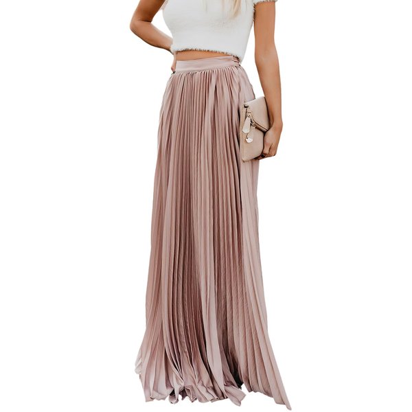 ebossy Women's High Waist Flowy Pleated Chiffon Maxi Skirt (Medium, Pink)