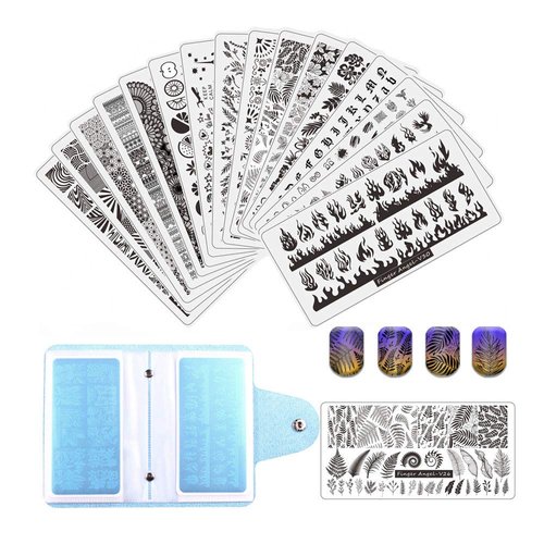FingerAngel 21Pcs Nail Stamp Plate Set 16Pcs Mix Design Stamping nail Art Plate + 2Nail Stamper + 2Scraper+1Pcs Case Nails Art Stamping Plate Scraper Stamper Set Leaves Flowers Nail plate V17-32