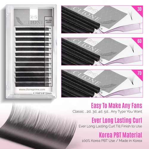 CLIONE PRIME Lash Extension Lashes - 0.07 C Curl Lash Extensions 8-15 mm Mixed Length Eyelash Extensions Mega Volume Lash Extensions Classic Eyelash Extension Pestañas Pelo a Pelo Profesional