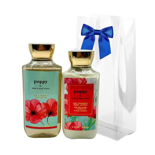 Bath & Body Works POPPY Shower Gel & Body Lotion - 2pc bundle with a Blue Bow for Holidays & Gifts