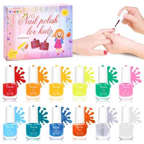 YAEAN kids nail polish set,Non Toxic Kids Nail Polish Set for Toddler,Water-Based Natural Safe Quick Dry Nail Polish Kit,Birthday Gift Nail Polish Set for Girl (11 Colors + 1 Coat) Kids Ages 3+