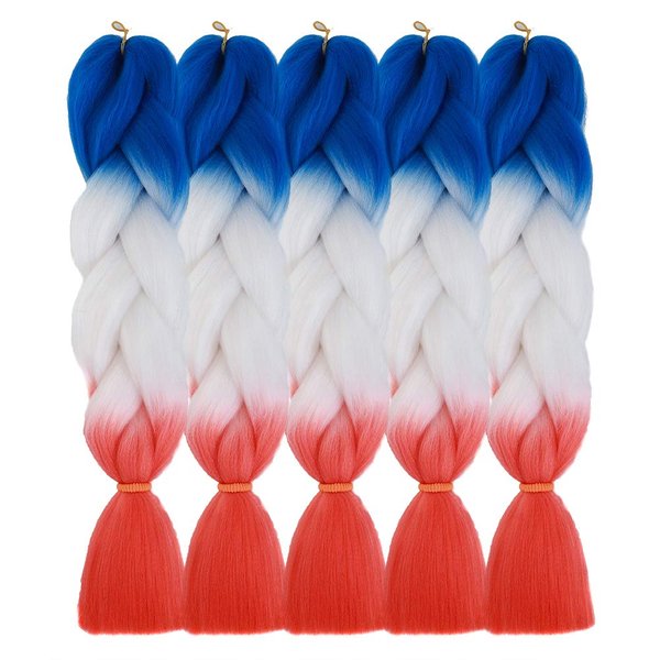 Jumbo Braiding Hair Ombre Braiding Hair Extensions Synthetic Twist Braids Crochet Synthetic Fiber for Twist Braiding Hair Extension(5Pcs/Lot Blue/White/Red-Orange Red)