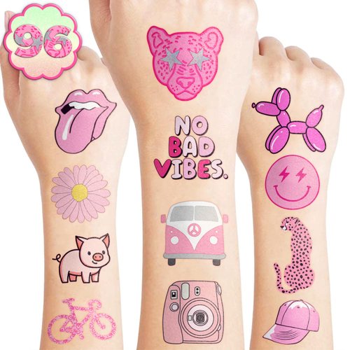 8 Sheet (96Pcs) Pink Pastel Temporary Tattoos for Girls, Birthday Party Decorations Supplies Party Favors Tattoo Sticker Style Sweet Gift for Kids Cute Prizes Themed