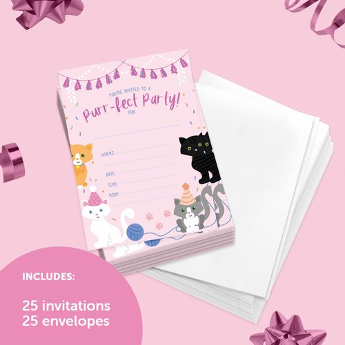 Desert Cactus Cat Kitten Kitty Happy Birthday Invitations Invite Cards (25 Count) With Envelopes Boys Girls Kids Party (25ct)