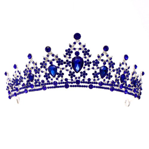 FORSEVEN Crystal Wedding Crown Queen Tiara Bride Crowns for Women Rhinestone Headbands Princess Birthday Party Tiaras Bridal Wedding Accessories (Blue)