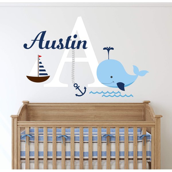 Custom Nautical Name Wall Decal - Nautical Theme Decal - Nursery Wall Decals - Whale Decor - Baby Whale Anchor Sailboat Wall Decor Vinyl Sticker (24"W x 16"H)