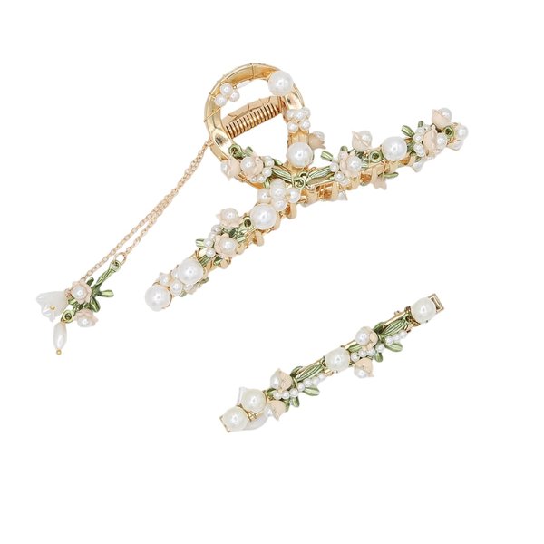 Cualque Bridal Headpiece Pearl Wedding Headband Lily Flower Crystal Headpiece Rhinestone Pearl Design Rhinestone Hair Accessories for Bride Bridesmaid Women (Hairpin 2)