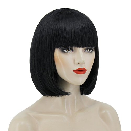 FOVER Black Bob Wigs for Women Short Black Wig with Bangs Natural Cute Synthetic Wigs for Party Costume Halloween FE017BK