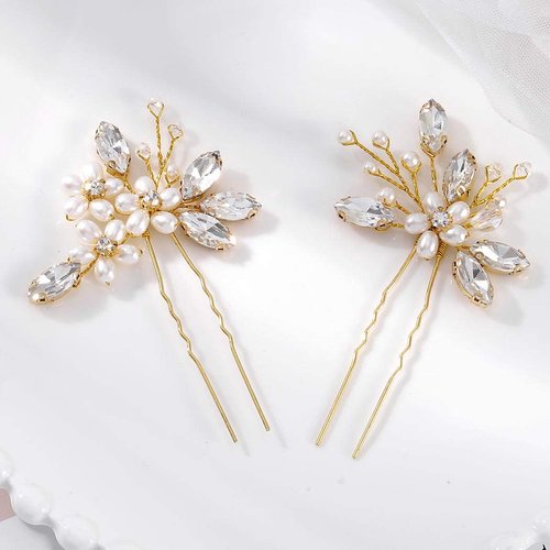Foryysa Bridal Wedding Hair Pins for Women Gold Rhinestone Vine Headwear Pearl Flower Leave Elegant Handmade Sparkly Bride Design (2 pcs)