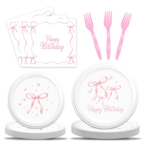 NUTTYBASH Pink Bow Birthday Party Supplies, 96Pcs Conquette Birthday Decorations Includes Pink Bo...