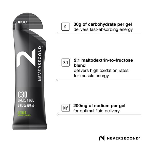 Neversecond C30 Energy Gel, Performance Nutrition & Hydration, Never2 Energy Gel for Triathlons, Ironman, Cycling & Marathons (Citrus Flavor, 12-Count Pack)