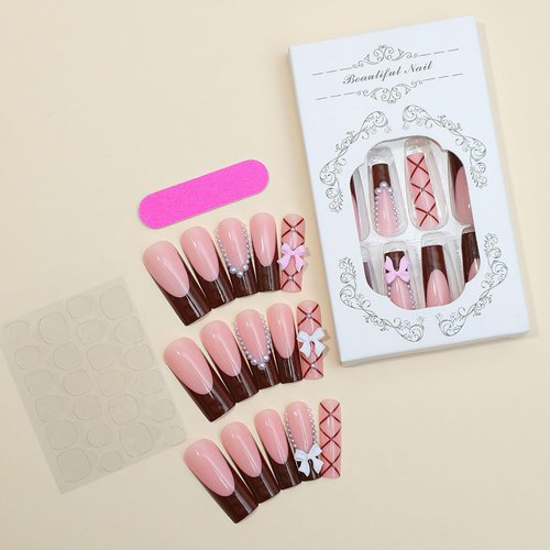 24 Pcs French Tip Press on Nails Long Coffin Fake Nails with Glue Pink Full Cover False Nails with 3D Nail Charms Designs Ballerina Nail Tips Cute Stick on Nails Artificial Nails for Women