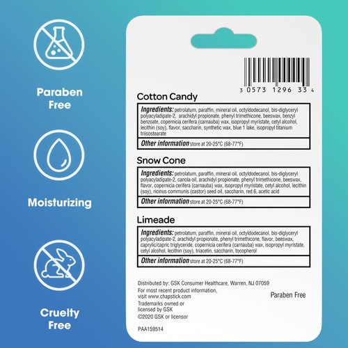 (1) Pack of 3 Count ChapStick Vacation Getaway Collection Lip Balm (Flavors Include Cotton Candy, Snow Cone and Limeade)