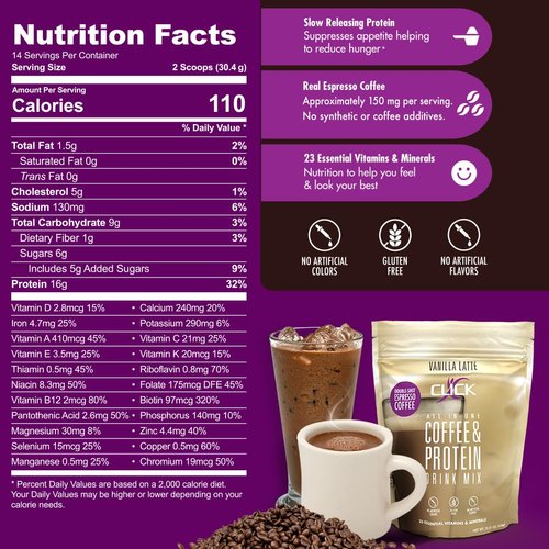 Click Coffee Protein Powder | Double Shot Espresso | 16g Protein | 23 Essential Vitamins | Low Calorie Meal Replacement | 150mg Caffeine | Gluten Free | No Artificial Flavors or Colors | Vanilla
