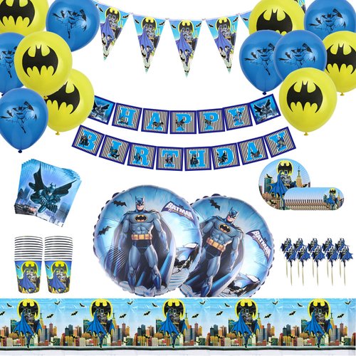 Bat-Man Birthday Decorations Party Supplies Serves 20 Guests Include Plates, Napkins, Cups, Balloons, Table Cover, Birthday Banner, Cupcake Toppers and Triangle Flags for Kids Boys Teens Men