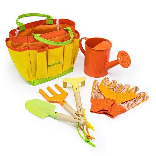 Kinderific Gardening Set, Tool Kit, for Kids, STEM, Includes Tote Bag, Spade, Watering Can, Rake, Fork, Trowel and Gloves (Pale Yellow)