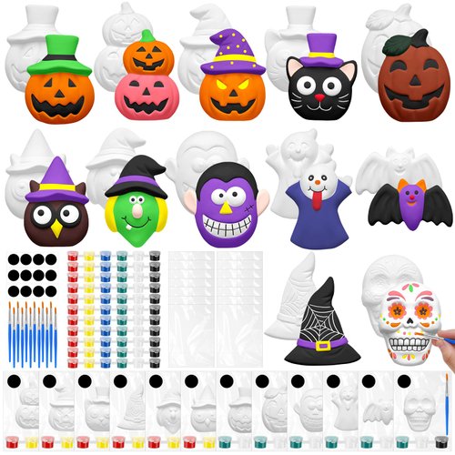 Leyndo 12 Set Halloween DIY Painting Kits with Unpainted Pumpkin Skull Bat Witch Hat for Classroom Activity Art Projects Halloween Gifts Party Decor