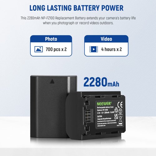 NEEWER 2280mAh NP-FZ100 Replacement Battery Charger Set, 2 Batteries and 1 USB Dual Channel Charging Case Compatible with Sony A1, A9 II, A7R V, A7R IV, A7S III, A7 IV, A6600, A7C
