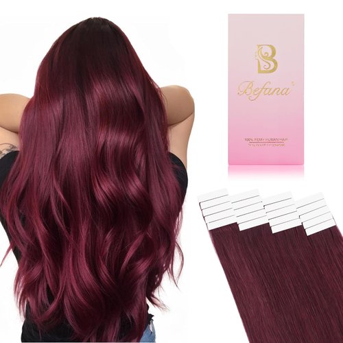 Befana Tape in Hair Extensions Human Hair,18inch 20 Pcs #99J Wine Red Human Hair Extensions Tape ins,Straight Silky 50g Remy Hair Extensions for Women Girls 18in #99J