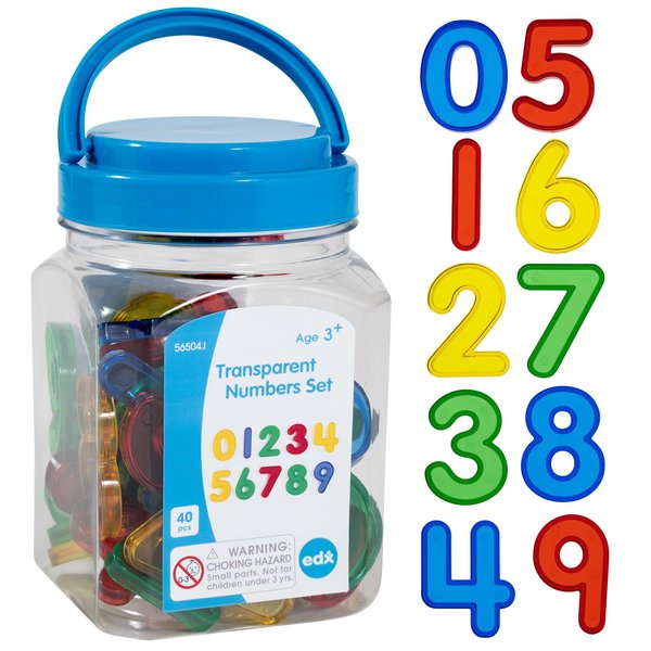 edxeducation Transparent Numbers Set - Mini Jar Set of 40 - Colorful, Plastic Numbers - Light Box Accessory - Sensory Play - Math Manipulative for Kids