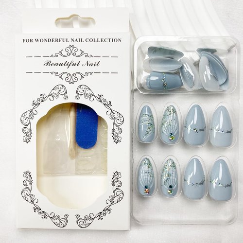 Stiletto Press on Nails Long Almond Fake Nails Summer False Nails with Design 3D Shell Glitter Full Cover Glossy Stick on Nails Rhinestones Glue on Nails Ocean Acrylic Artificial Nails for Women 24Pcs