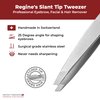 Regine Switzerland Professional Tweezers Slant Tip - Etched Tip Brow and Eyebrow Tool for Men and Women - Precision Tweezers for Fine Hair, Chin, Lash Extensions - Stainless Steel Handmade Beauty Tool