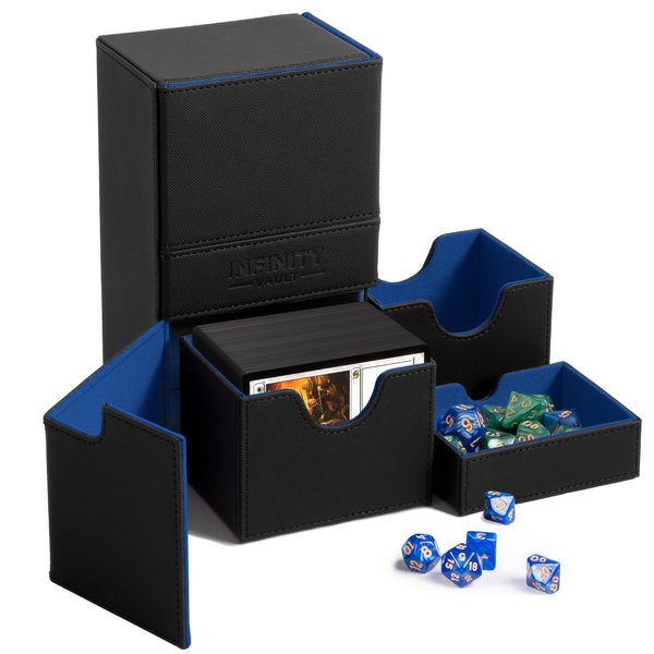 Durable Double Deck Box with Dice Tray - MTG Deck Box Commander Friendly - Protects 200+ Double Sleeved Cards - Designed for MTG Commander Deck Box with Sideloading Card Trays (Blue Interior)