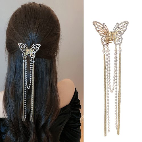 Totelux Hair Clip with Tassel Crystal Rhinestone Gold Nonslip Butterfly Hair Claws Metal Butterfly Pearl Accessories for Women Girls Thick Thin Hair