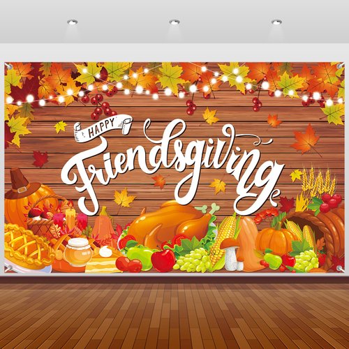 Happy Friendsgiving Banner Thanksgiving Party Decorations Autumn Maple Leaves Pumpkin Wood Wall Background for Fall Thanksgiving Friends Party Wall Decor