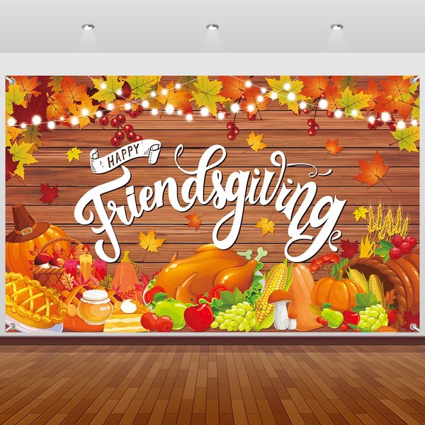 Happy Friendsgiving Banner Thanksgiving Party Decorations Autumn Maple Leaves Pumpkin Wood Wall Background for Fall Thanksgiving Friends Party Wall Decor