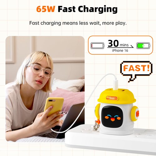 Divoom Dipow 65W USB-C Charger 3-Port Fast GaN Charger with DIY Pixel Display Foldable Compact Wall Block Power Adapter for iPhone 16/15 MacBook iPad Galaxy S23/S24 Switch Yellow (with 100w Cable)