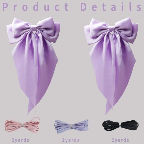 PQZKLDP 2PCS Silky Satin Hair Bows Big Versatile Hair Bows Cute Clips for Women Purple Hair Bow Ribbons Oversized Long Tail Metal Clips Bowknot Aesthetic Hair Accessories (PD 208)