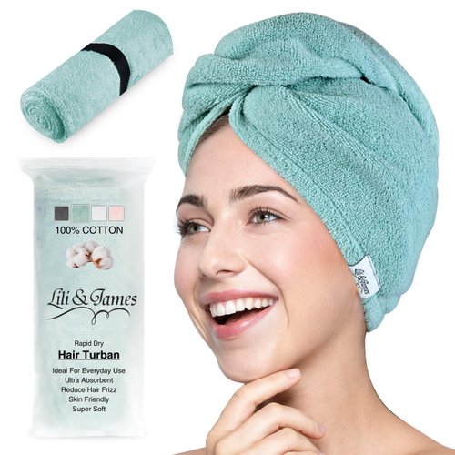 Lili&James Cotton Hair Towel Wrap for Women/Kids | Quick Dry, Soft & Absorbent Hair Wrap Towels with Double Button | Anti Frizz, Non Microfiber Hair Turbans for Curly, Long & Thick Hair (Aqua)