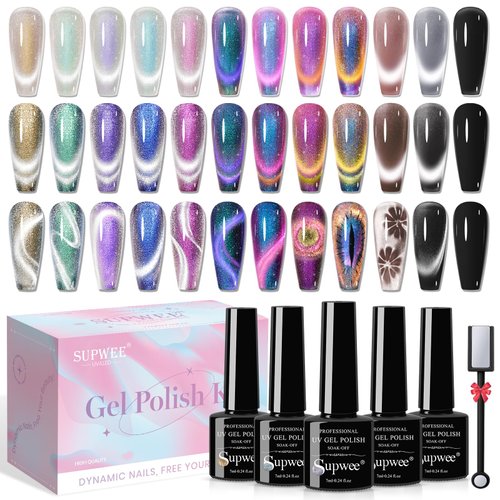 SUPWEE Magnetic Cat Eye Gel Nail Polish Set 12 Colors Cateye Gel Polish with Magnetic Stick Chame...