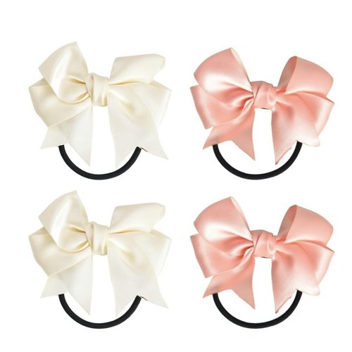 4Pcs Pink White Hair Bows for Girls Elastic Hair Ties with Bows for Little Girls Beige Hair Rope Rubber Bands for Hair Knotted Bow Scrunchies Pigtail Ponytail Holder Bowknot Hair Accessories for Girls