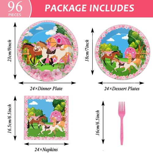 96 Pcs Horse Party Plates Napkins Tableware Set Kentucky Derby Birthday Party Supplies Disposable Paper Dinnerware Pink Cowgirl Western Theme Table Decoration Favors for Girls Baby Shower, 24 Guests
