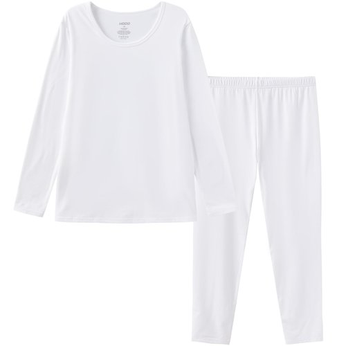 HODOSPORTS Boy’s Thermal Underwear Set Kid’s Winter Base Layer Fleece Lined Compression Shirt Pant White