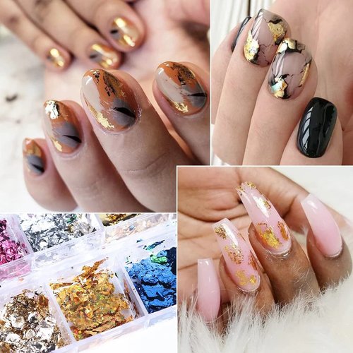 12 Grids Nail Art Foil Flakes 3D Holographic Nail Art Foil Glitter Sequins Confetti Gold Silver Pink Green Red Irregular Glitter Mirror Effect Nail Foil for Women Girls Acrylic Nail Decorations Charms