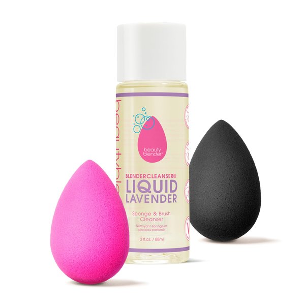 Beautyblender® | Original Pink + Pro Black Beauty Blender Duo + Full-Sized Blendercleanser® Liquid Lavender Makeup Sponge & Brush Cleanser, 3-Piece Bundle, Made in USA, Vegan, Cruelty-Free, 3 oz