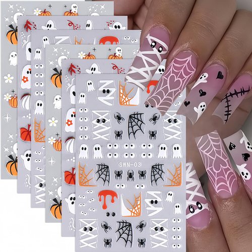 6 Sheets Halloween Nail Stickers for Nail Art, Ghost Nail Decals Flower Spider Pumpkin Cute Ghost Nail Art Stickers Designs Self-Adhesive Decals for Women Girls Holiday Nail Decoration Charms