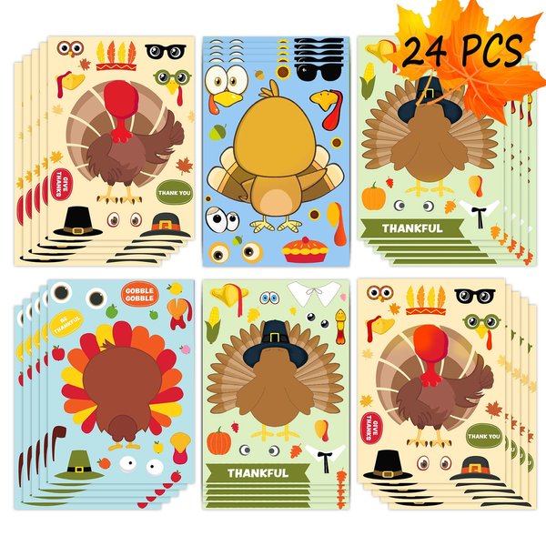 Happy Storm Thanksgiving Stickers for Kids, 24 Sheets Make a Turkey Face Stickers Bulk, Turkey Stickers for Kids, Thanksgiving Crafts for Kids, Thanksgiving Party Favors Supplies Activities Gifts