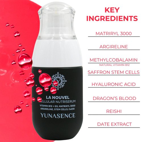 YUNASENCE LA NOUVEL Cellular Nutri Serum with Vitamin B12+D3, Matrixyl 3000, Argireline, Stem Cells & CoQ10, 1oz Antiaging, firming, lifting.