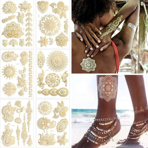 Gold Lace Tattoo Stickers Flower Lotus Lace Temporary Tattoo Stickers Sexy Butterfly Love Tattoo Sticker Design Self-Adhesive Arm Body Art Accessories for Girl Woman 6sheets