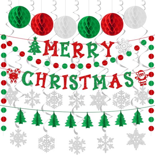 Christmas Party Decorations Happy Christmas Paper Banner with Merry Christmas Paper Banner Set, Christmas Honeycomb Ball Hanging Decorations and Spiral Decorations Indoor Outdoor Decor