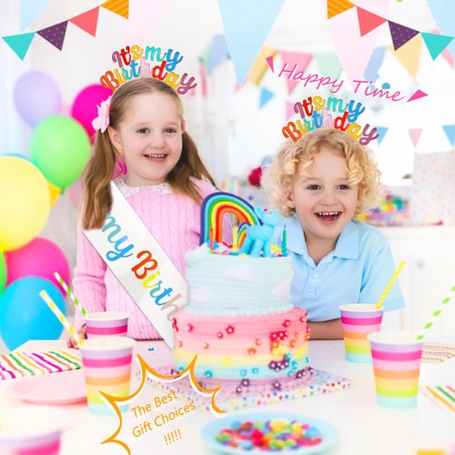 Rikastua Birthday Sash, Tiara Crown and Rainbow Headband Set - Colorful Party Decorations for Women and Girls