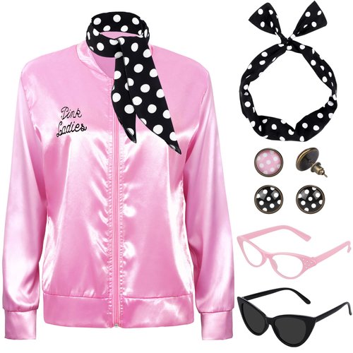 SOMSOC 1950s Pink Satin Jacket with Neck Scarf Headband Earrings Cat Eye Glasses Halloween Cosplay Costume Set for Women Girl