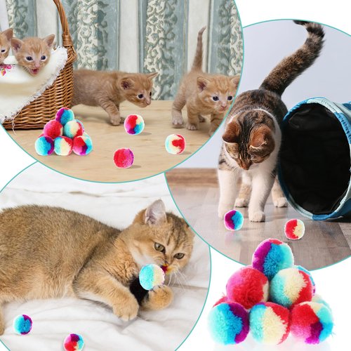cobee 50 Pcs Soft Cat Toy Balls, 1.2 Inch Rainbow Cat Pom Pom Balls Toy Fuzzy Interactive Cat Ball Quiet Kitten Play Toy for Indoor Cat Exercising