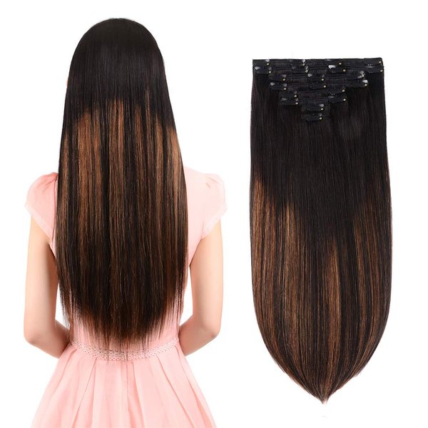 Real Clip in Hair Extensions Natural Black to Chestnut Brown Highlight Black 8 Pieces - Premium Double Weft Thick Remy Hair Extensions Clip in Human Hair (20" / 20 inch, (1BT6) P1B, 122 grams/4.3 Oz)